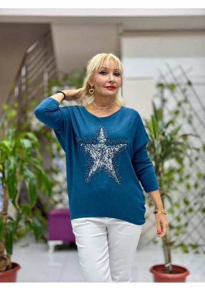 NC1778 İtalyan Yıldız desen Pulpayetli Bluz Petrol