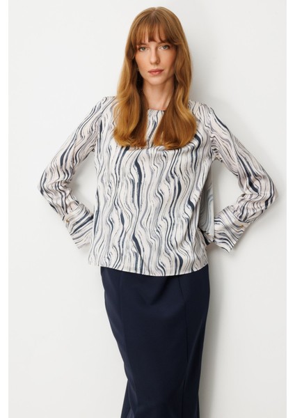 Kadın Omzu Metal Broşlu Desenli Bluz 3015 Siyah