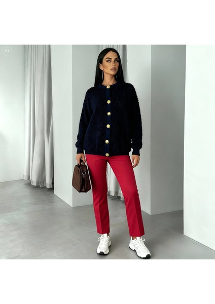 Kadın Teddy Bisiklet Yaka Yumuşak Doku Gold Düğmeli Havlu Örgü Hırka