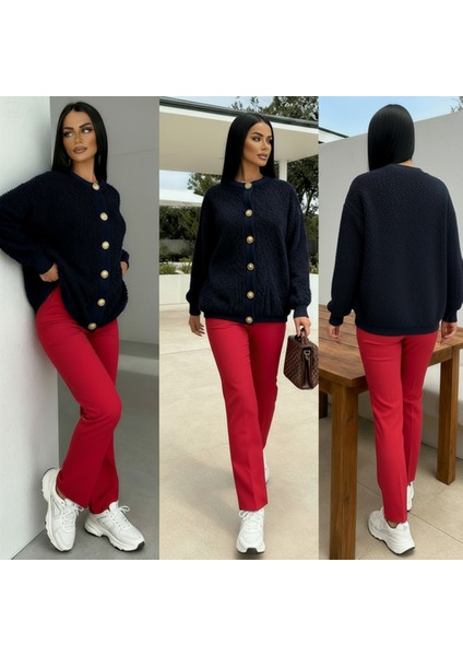 Kadın Teddy Bisiklet Yaka Yumuşak Doku Gold Düğmeli Havlu Örgü Hırka