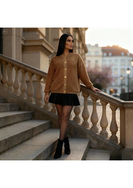 Kadın Teddy Bisiklet Yaka Yumuşak Doku Gold Düğmeli Havlu Örgü Hırka