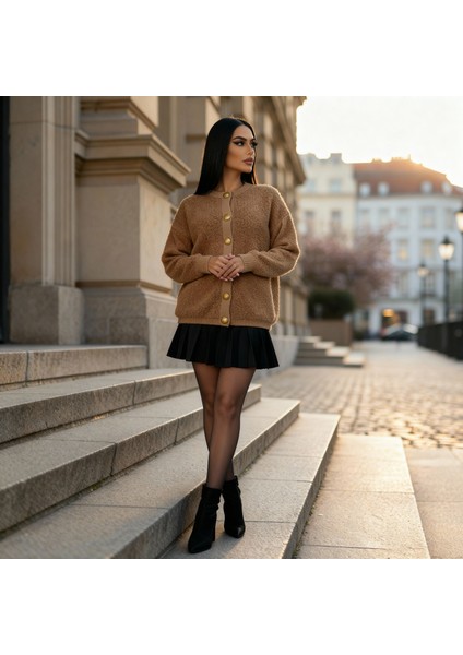 Kadın Teddy Bisiklet Yaka Yumuşak Doku Gold Düğmeli Havlu Örgü Hırka