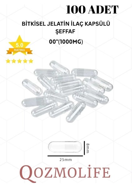büyük boy şeffaf bitkisel jelatin boş kapsülü helal sertifikalı 00"1000mg (100 adet)