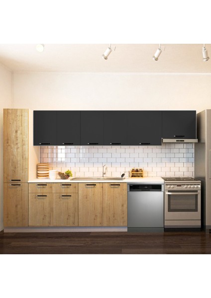 Meşe/antrasit - Avlonya Hazır Mutfak Dolabı Kiler Dahil 320CM-BEYAZ Laminat Tezgah Dahil-Bulaşıkmakinesi Yeri Mevcut