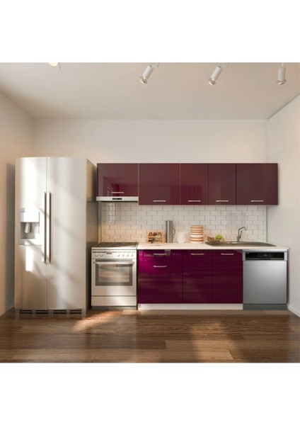 Mürdüm - Loşna Hazır Mutfak Dolabı 260 Cm-Beyaz Laminat Tezgah Dahil-Bulaşık Makinesi Yeri Mevcut-Parlak