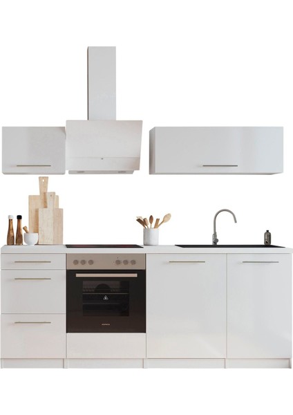 Beyaz - Almora Hazır Mutfak Dolabı 220CM - Parlak-Beyaz Laminat Tezgah Dahil-