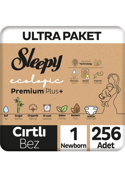 Ecologic Premium Plus Ultra Paket Bebek Bezi 1 Numara Yenidoğan 256 Adet