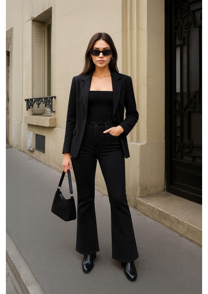 Kadın Yüksek Bel Ispanyol Paça Esnek Flare Siyah Jean Pantolon modelleri