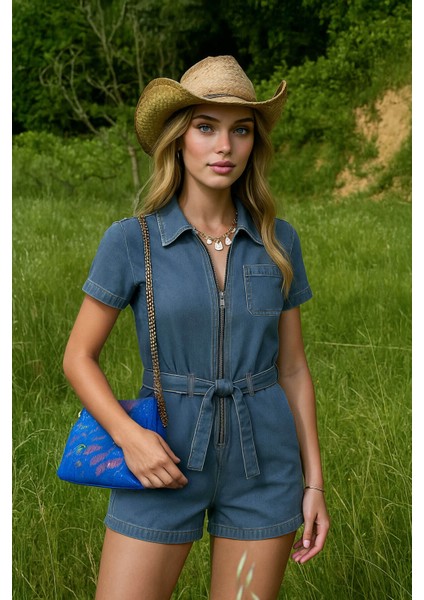 Kadın Kısa Kollu Fermuarlı Jean Tulum Şort modelleri