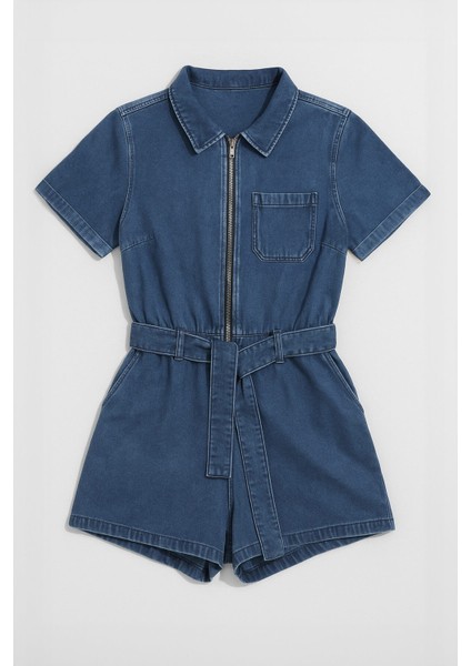 Kadın Kısa Kollu Fermuarlı Jean Tulum Şort fırsatları