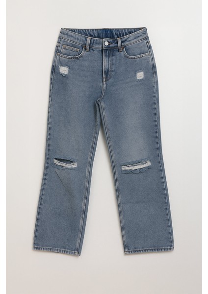 Kadın Yüksek Bel Wide Leg Yırtık Detaylı Buz Mavisi Jean Pantolon fırsatları