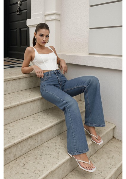 Kadın Yüksek Bel Wide Leg Mavi Jean Pantolon modelleri