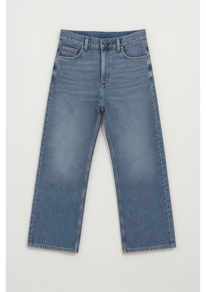 Kadın Yüksek Bel Wide Leg Mavi Jean Pantolon