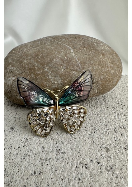 Taşlı Sedefli Kelebek Broş Lila Renkli Kadın Aksesuar Tek Ebat Zarif Tasarım