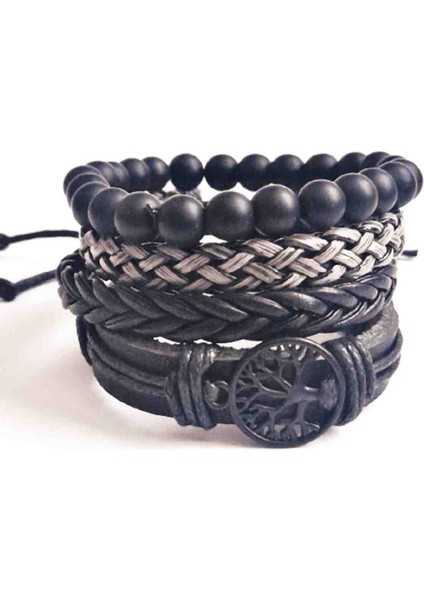 4 Adet Bileklik Hayat Ağacı Siyah Figürlü Hakiki Deri Bileklik Erkek Bileklik El Yapımı Bileklik