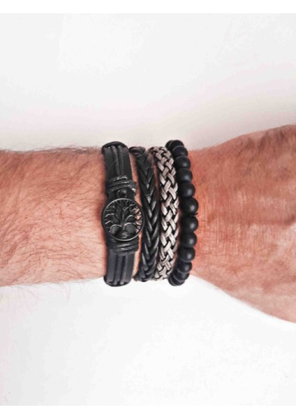 4 Adet Bileklik Hayat Ağacı Siyah Figürlü Hakiki Deri Bileklik Erkek Bileklik El Yapımı Bileklik modelleri