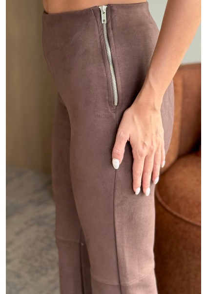 Kahverengi Süet Yandan Fermuarlı Pantolon - 40578 modelleri