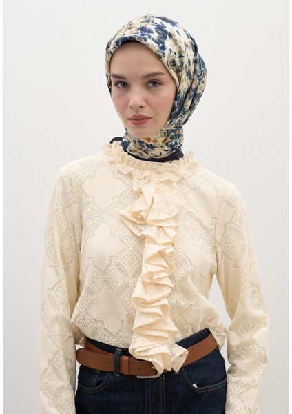 Cherry Blossom Desen Pamuk Viskon Eşarp Lacivert