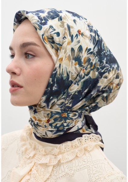 Cherry Blossom Desen Pamuk Viskon Eşarp Lacivert modelleri