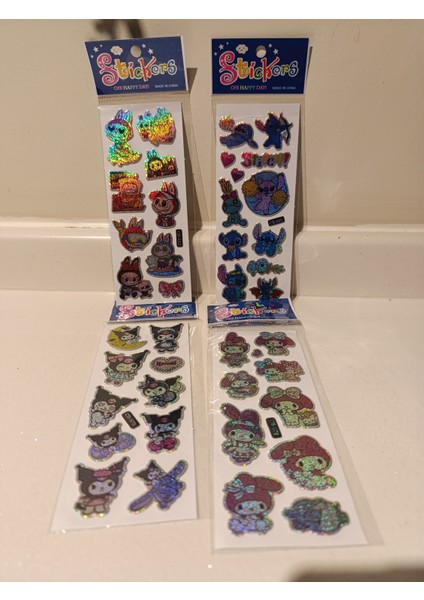 Labubu Stitch Kuromi My Melody Pırıltılı Sticker 4 Set