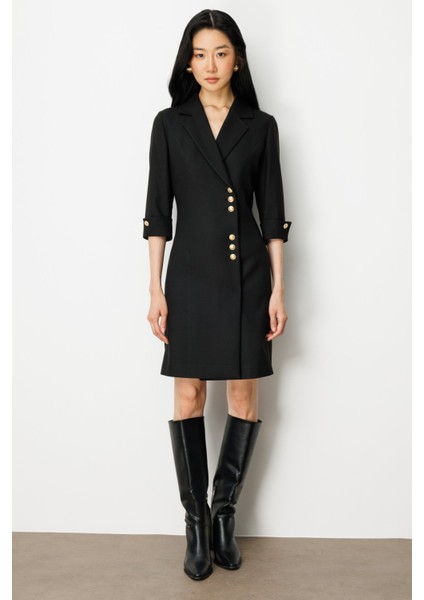 Kadın Kruvaze Yaka Düğmeli Elbise 4009 Siyah modelleri