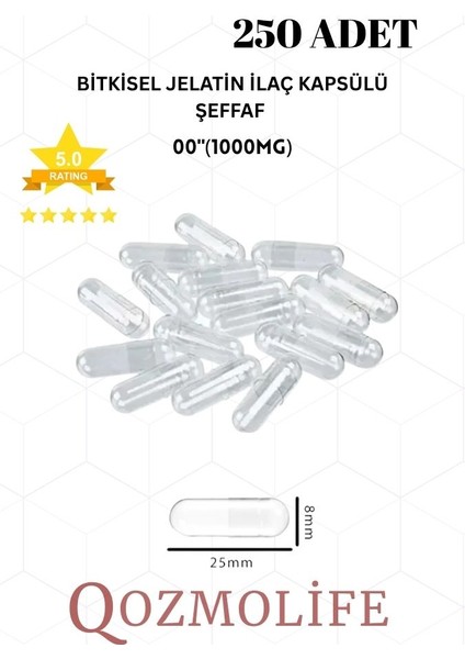 büyük boy şeffaf bitkisel jelatin boş kapsülü helal sertifikalı 00"1000mg (250 adet)