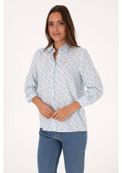 Kadın Açık Mavi Gömlek Desenli 50316370-VR003