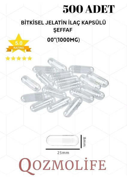 büyük boy şeffaf bitkisel jelatin boş kapsülü helal 00"1000mg (500 adet)