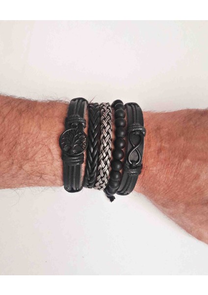 5 Adet Deri Bileklik Sonsuzluk ve Yaşam Ağacı Siyah Figürlü Hakiki Deri Bileklik Erkek Bileklik fiyatları