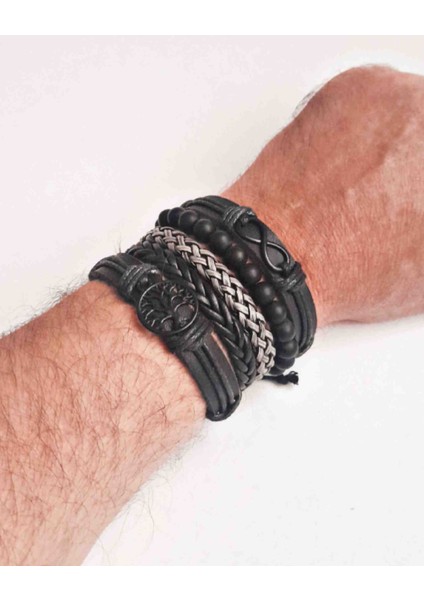 5 Adet Deri Bileklik Sonsuzluk ve Yaşam Ağacı Siyah Figürlü Hakiki Deri Bileklik Erkek Bileklik modelleri