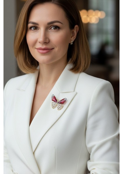 Taşlı Sedefli Kelebek Broş (En:4 cm)