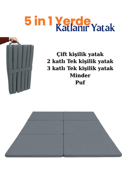 Multipurpose 5 In 1 Gri Çift Kişilik Katlanır Süngerli Misafir Yer Yatağı ve Balkon Minderi 7cm