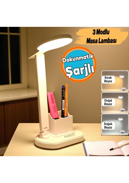 Şarjlı Masa Lambası Gece Lambası Dokunmatik 3 Renk Telefon Tutucu Kademeli Çalışma Okuma Işığı 10W