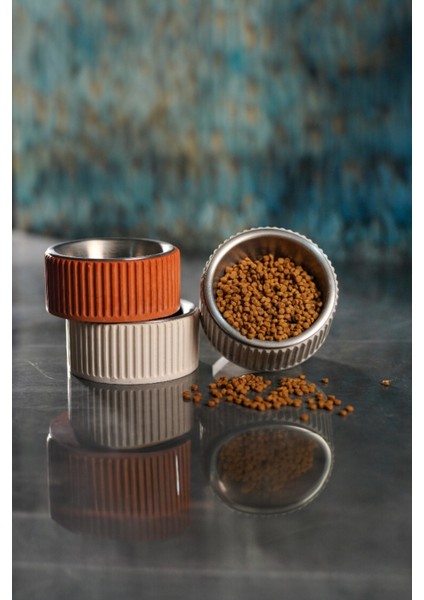 Beton Kedi ve Köpek Mama/su Kabı | Devrilmeye Dayanıklı, Paslanmaz Çelik Kaseli