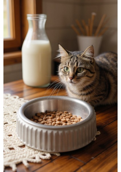 Beton Kedi ve Köpek Mama/su Kabı | Devrilmeye Dayanıklı, Paslanmaz Çelik Kaseli