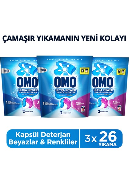 Ultra Power Kapsül Deterjan Beyazlar ve Renkliler 26 Yıkama X3