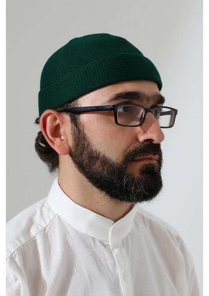 Yeşil Katlamalı Sade Desen Kışlık Orlon Takke Şapka