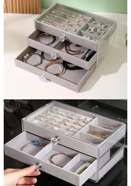 Modern Gri 3 Çekmeceli Takı Bijuteri Mücevher Kutusu Organizer Düzenleyici Şeffaf 13 x 23 x 10 cm