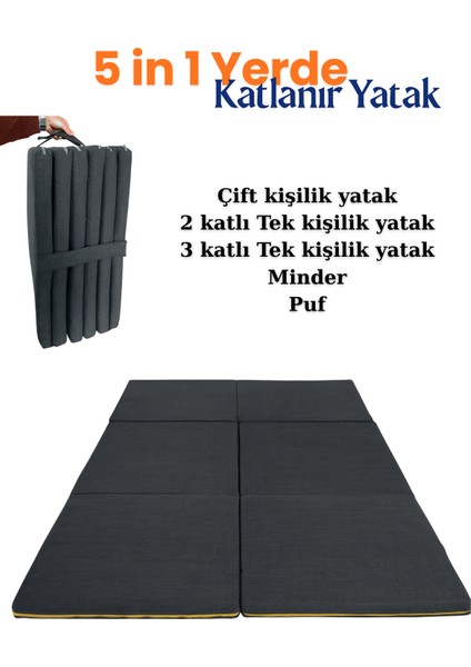 Multipurpose 5 In 1 Antrasit Çift Kişilik Katlanır Süngerli Misafir Yer Yatağı ve Balkon Minderi 7cm