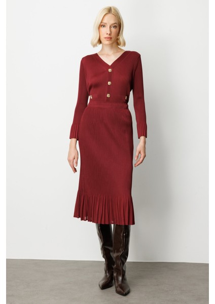 Kadın Etek Ucu Piliseli Midi Etek 3915 Bordo