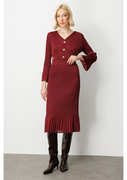 Kadın Etek Ucu Piliseli Midi Etek 3915 Bordo fiyatları