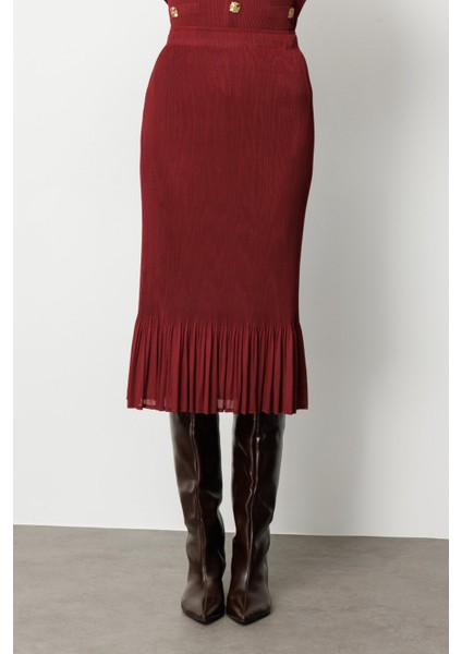 Kadın Etek Ucu Piliseli Midi Etek 3915 Bordo modelleri