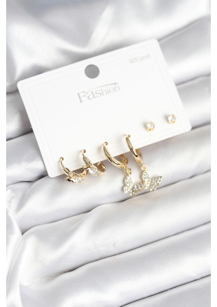 Gold Renk Pirinç Kelebek Model 925 Ayar Gümüş Çivili Kadın Küpe Seti