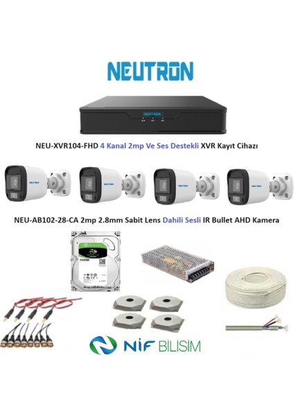 Nif Bilişim 2mp 4 Kameralı Sesli Dış Ortam Ahd Full Kamera Seti 500GB Disk Kameralar Gece Renkli Değildir fiyatları