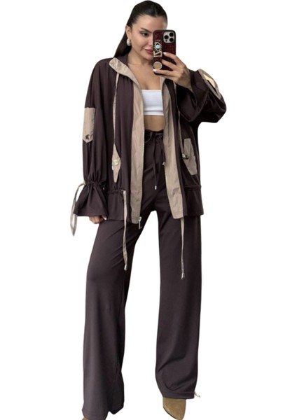 Paraşüt Kumaş Kahve Bej Garnili Cepli Bel Büzgülü Bilek Büzgülü Tasarım Takım