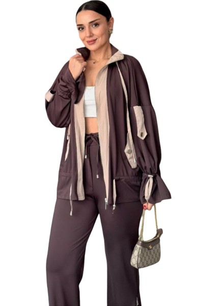 Paraşüt Kumaş Kahve Bej Garnili Cepli Bel Büzgülü Bilek Büzgülü Tasarım Takım fiyatları