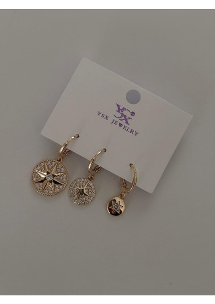 Ysx Özel Seri Kuzey Yıldızı Model 3 Lü Set Sallantılı Rose Küpe