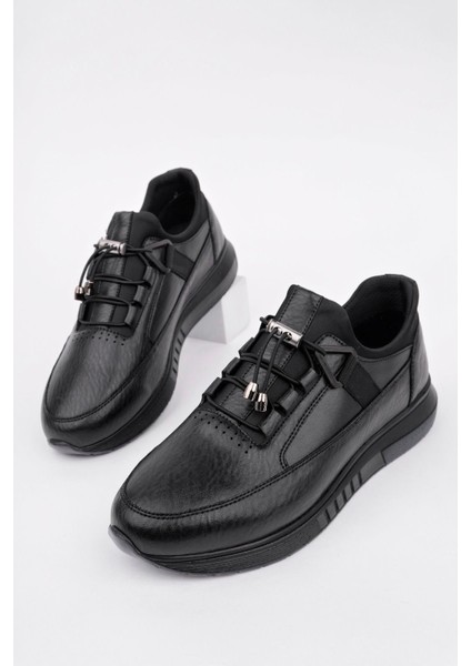 Erkek Lastik Bağcıklı Poli Taban Günlük Cilt Spor Ayakkabı- Siyah