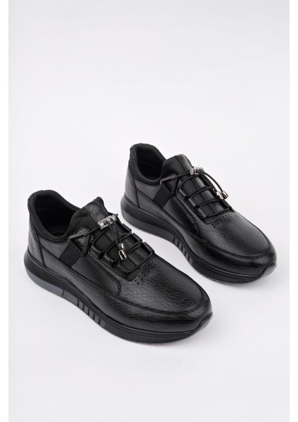 Erkek Lastik Bağcıklı Poli Taban Günlük Cilt Spor Ayakkabı- Siyah modelleri