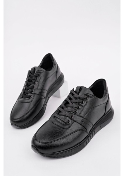 Erkek Bağcıklı Poli Taban Günlük Cilt Spor Ayakkabı- Siyah